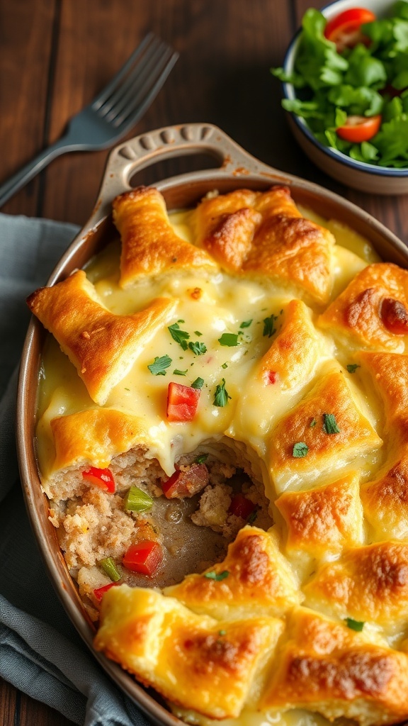 Savory Sandwich Bread Casserole Recipe A golden sandwich bread casserole with cheese and vegetables, served in a rustic dish with a slice cut out.